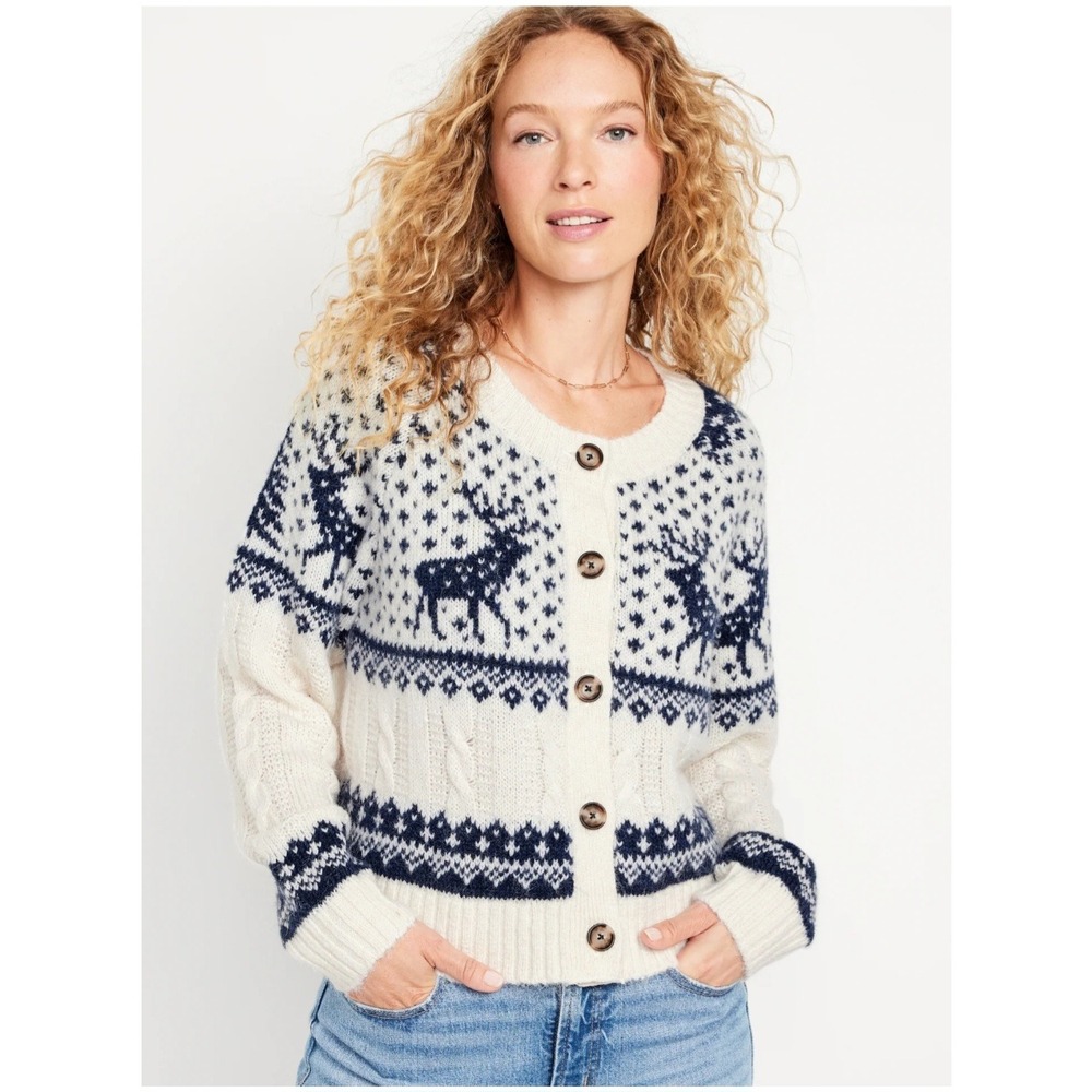 Nordic Alpine Fair Isle Reindeer Cardigan Sweater Blue Cream M Cabin Holiday